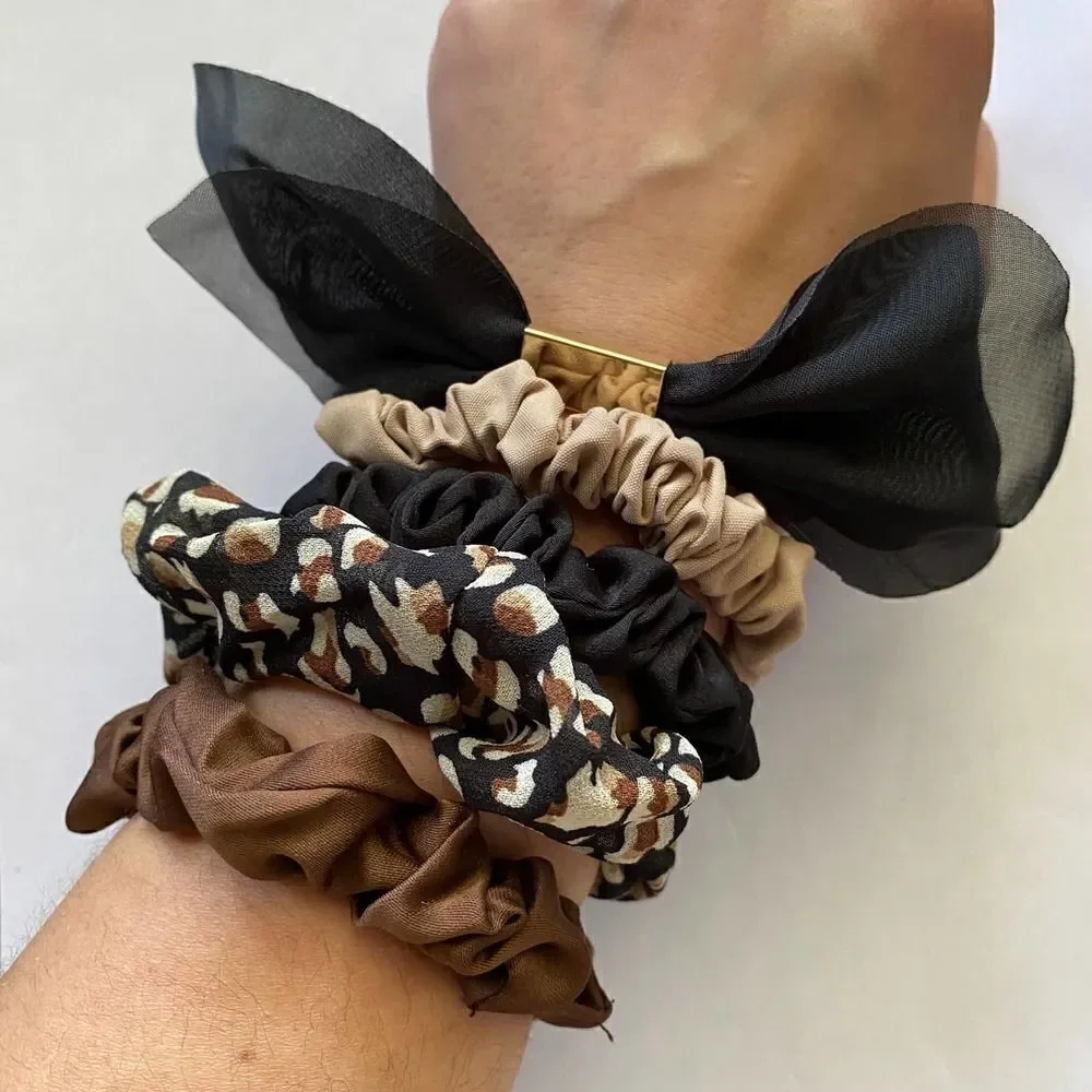 Set of 5 Scrunchies - Brown Print Black Bow